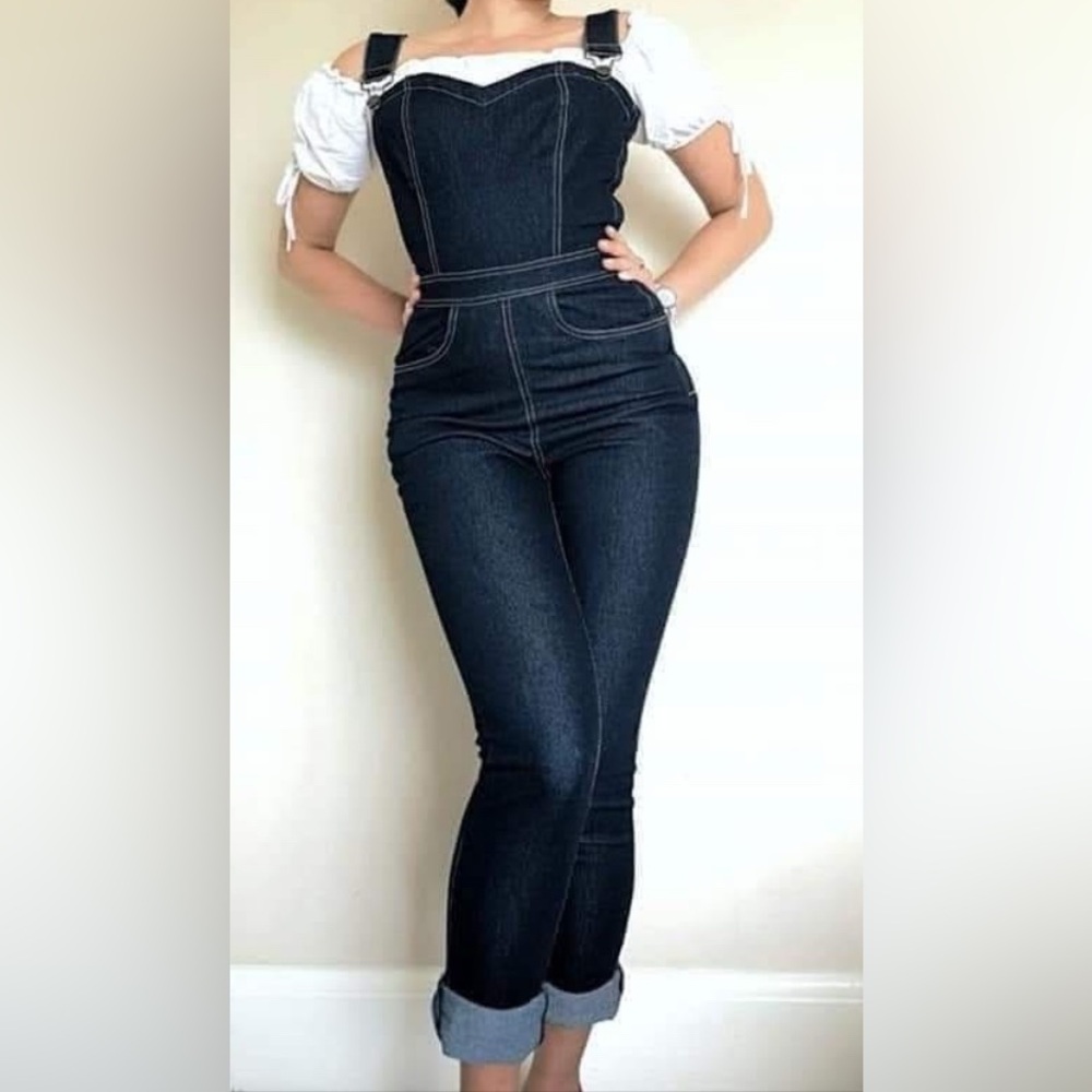 Collectif Dark Blue Denim Fitted Jeans Overalls - Picture 2 of 9